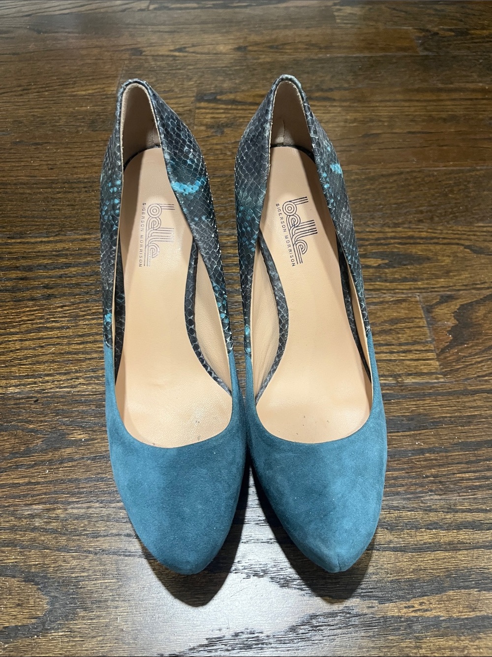 Belle by Sigerson Morrison Teal Suede Pumps with Snake-Print Accents